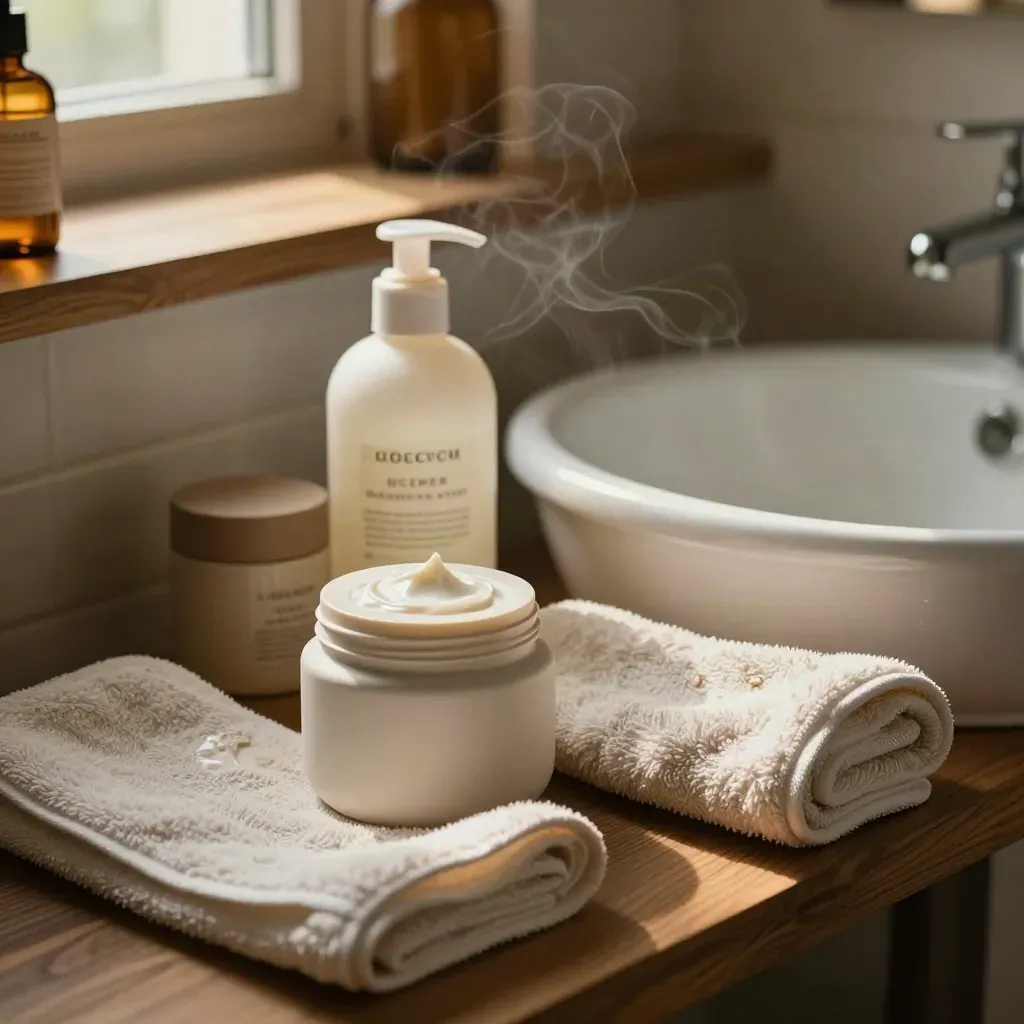 Oat cream, cleanser, flannel and towel beside a basin in a warm eczema care nook.