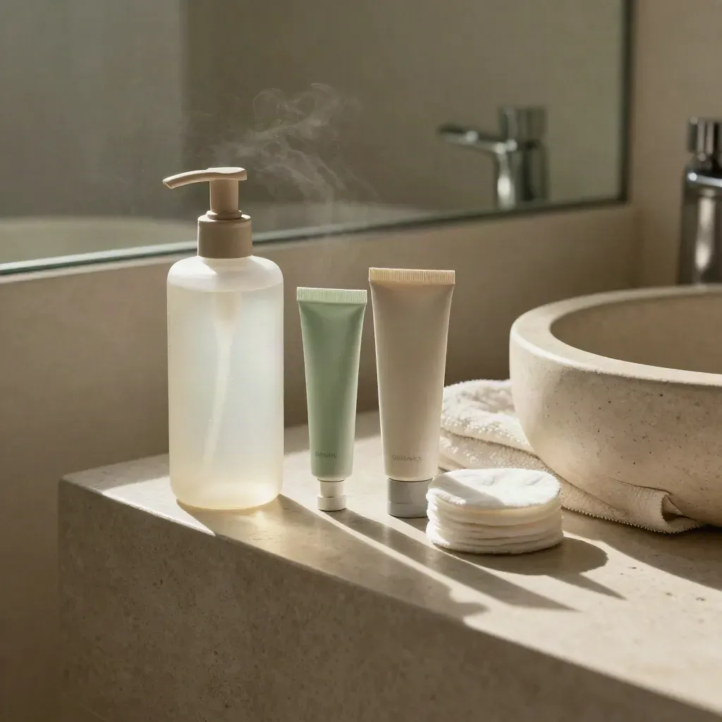 Acne care bathroom setup with cleanser, spot gel, sunscreen and chilled towel by a stone basin.