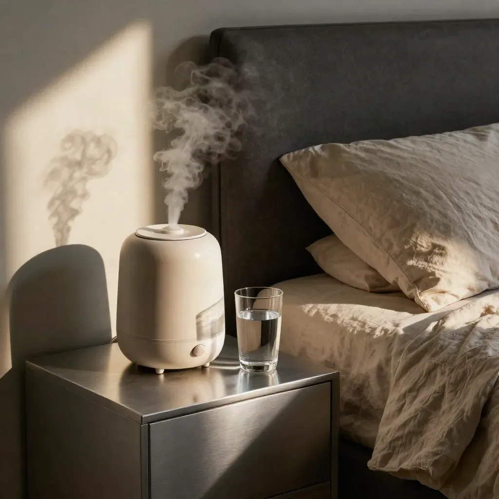 Bedside eczema comfort setup with oat cream, humidifier, linen duvet and water in moody light.