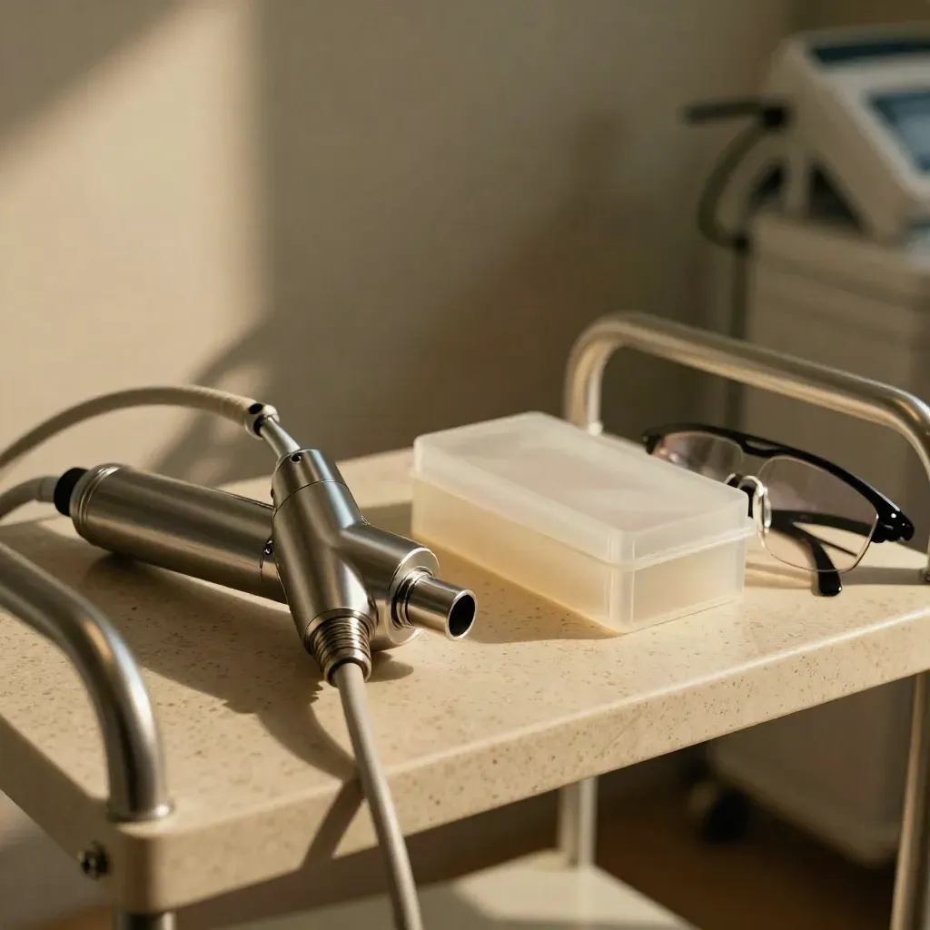 Laser handpiece, cooling gel block, goggles and trolley corner in dramatic studio light