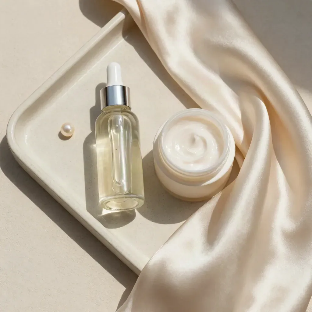 Top-down peel aftercare kit with serum, cream, and satin cloth on pale plaster