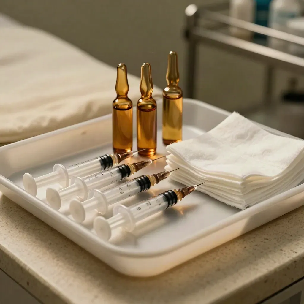 Sealed syringes and amber ampoules on a frosted tray with cotton pads in a clinical prep room