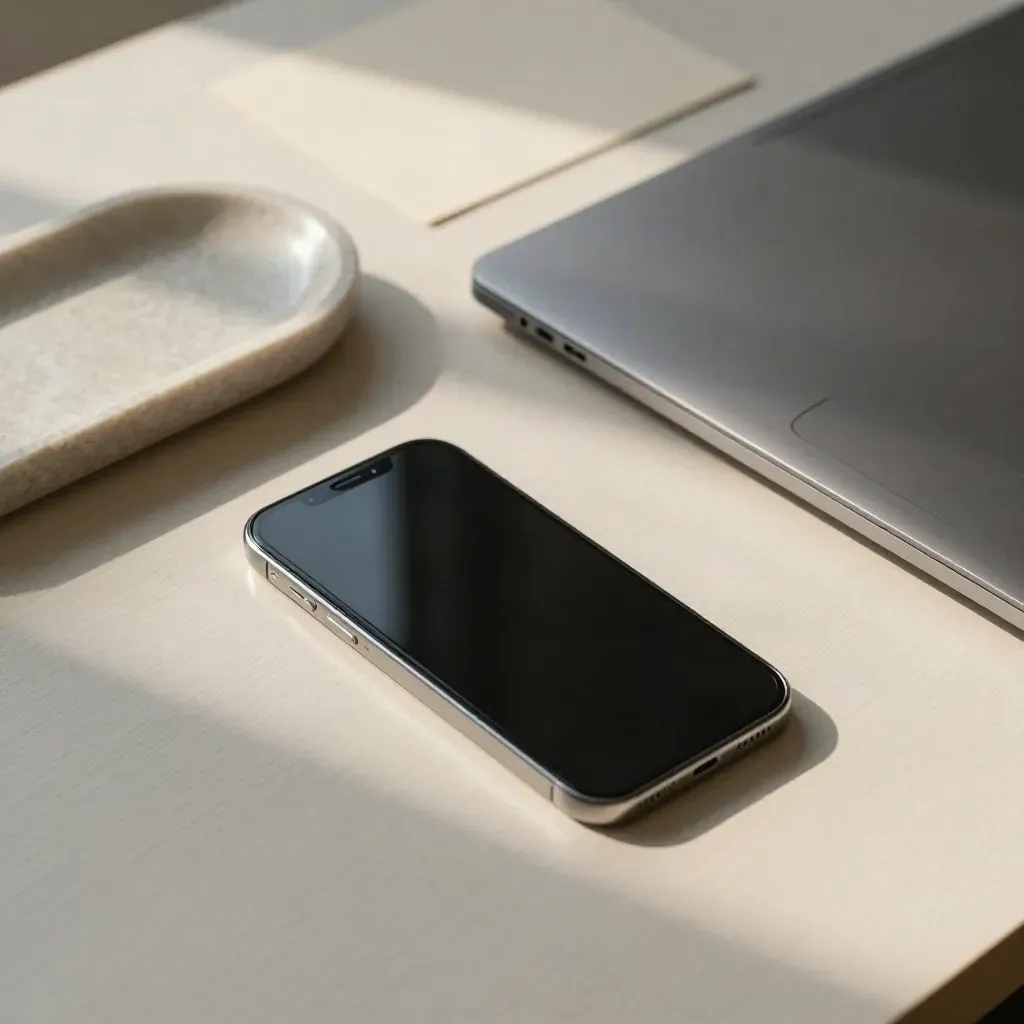 Dark-screen phone, closed laptop and stone tray on pale wood desk in a calm booking still life.