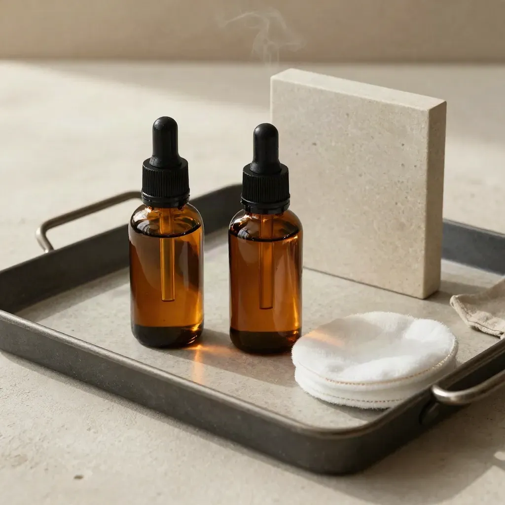 Amber bottles, stone tile and cotton pad on a follow-up tray in soft clinic light.